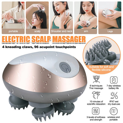 Electric Scalp Massager – Deep Kneading Relaxation | IPX7 Waterproof | 3 Massage Modes | Cordless Handheld Scalp & Body Massager